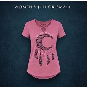 Wound Up Womens Junior Small Pink Dreamcatcher Keyhole Shirt Glitter Graphic Tee